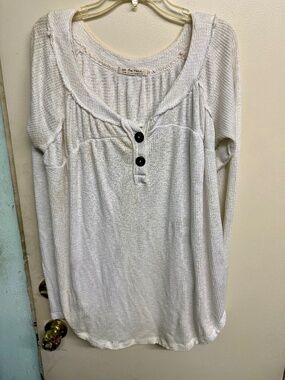 We The Free White Long Sleeve Top Black Button Detail Boho Free People